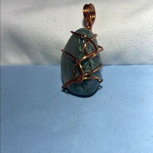 Green Stone Pendant with Copper Wire Wrap